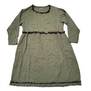 Sarah Clemens Olive Green Linen Dress Black Ruffle Trim Long Sleeve Midi Lagenlo